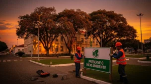 Cenário de prefeitura alagoana ao pôr do sol com sinalização ecológica sendo removida, representando preocupação ambiental e política, destacando 'alagoas xeque pp leva'.