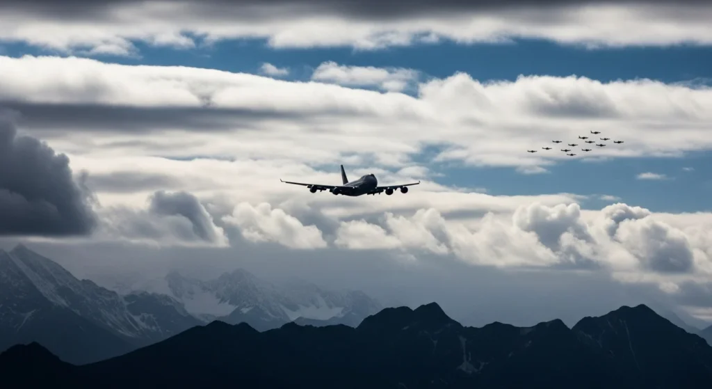 Urgente! EUA Proíbem Voos sobre Venezuela Devido a Risco de Segurança Aérea: O Que Isso Significa para o Tráfego Aéreo Global? 1 Avião comercial sobrevoando montanhas com nuvens densas e aviões militares ao fundo, transmitindo tensão.