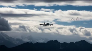 Avião comercial sobrevoando montanhas com nuvens densas e aviões militares ao fundo, transmitindo tensão.