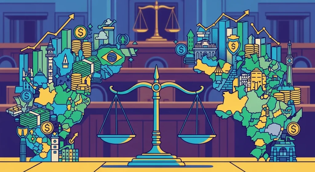 Ilustração estilizada de tribunal com balança de justiça, ícones de estados, dinheiro e gráficos, transmitindo estabilidade e federalismo