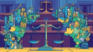 Ilustração estilizada de tribunal com balança de justiça, ícones de estados, dinheiro e gráficos, transmitindo estabilidade e federalismo