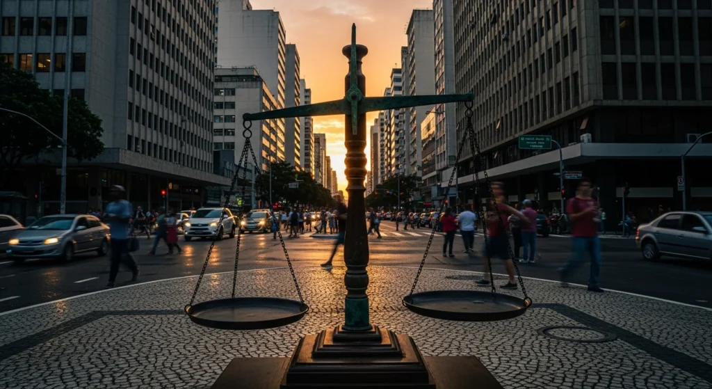 Ser ou Dever-Ser? A Tensão Fundamental que Molda a Filosofia Jurídica e a Busca Urgente por um Novo Caminho para o Direito 1 Balança de justiça antiga em rua movimentada, simbolizando a tensão estrutural entre o ser e dever-ser na filosofia jurídica