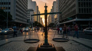 Balança de justiça antiga em rua movimentada, simbolizando a tensão estrutural entre o ser e dever-ser na filosofia jurídica