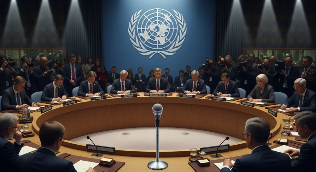 Urgente: ONU convoca reunião extraordinária após a impactante operação militar dos EUA na Venezuela que resultou na captura de Nicolás Maduro. O que vem por aí? 1 Imagem de reunião do conselho da ONU com bandeira, microfone e diplomatas em clima de tensão, destacando conselho onu convoca reunião