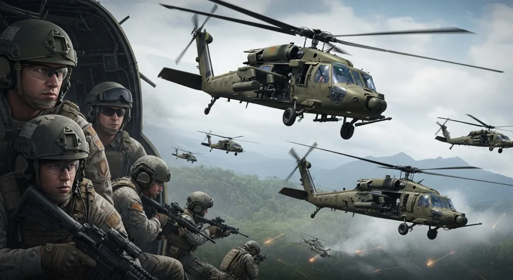 Ataque dos EUA à Venezuela: A Verdadeira Agenda de Trump para a Hegemonia Regional e o Alerta Vermelho que Acende para o Brasil e a América Latina 1 Helicópteros militares dos EUA sobrevoando a fronteira venezuelana com soldados em cena, simbolizando ataque EUA à Venezuela