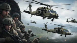 Helicópteros militares dos EUA sobrevoando a fronteira venezuelana com soldados em cena, simbolizando ataque EUA à Venezuela
