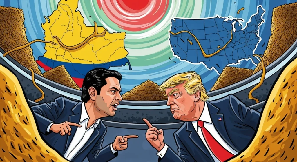 Ilustração de Gustavo Petro e Donald Trump frente a frente com elementos de cocaína e mapas, simbolizando tensão geopolítica petro defende.
