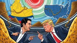 Ilustração de Gustavo Petro e Donald Trump frente a frente com elementos de cocaína e mapas, simbolizando tensão geopolítica petro defende.