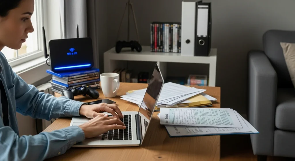 Pessoa usando laptop em ambiente doméstico, com elementos de tecnologia e papéis fiscais, simbolizando a exigência de CPF e CEP Netflix exige CPF CEP