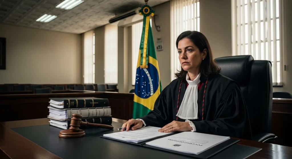 Juíza em tribunal de Belém em uma audiência, com bandeira do Brasil ao fundo, símbolo de justiça e processo judicial.