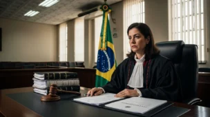 Juíza em tribunal de Belém em uma audiência, com bandeira do Brasil ao fundo, símbolo de justiça e processo judicial.
