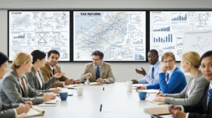Cena de reunião sobre fim do IOF Seguros 2027, com mapas e gráficos ao fundo, atmosfera profissional e de discussão