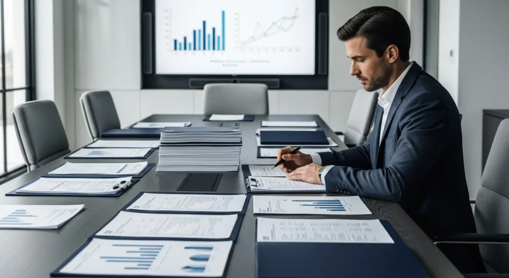 Cena de sala de reunião moderna com profissionais analisando declaração não ocorrência COAF e gráficos financeiros