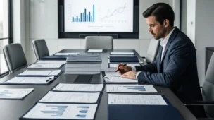 Cena de sala de reunião moderna com profissionais analisando declaração não ocorrência COAF e gráficos financeiros