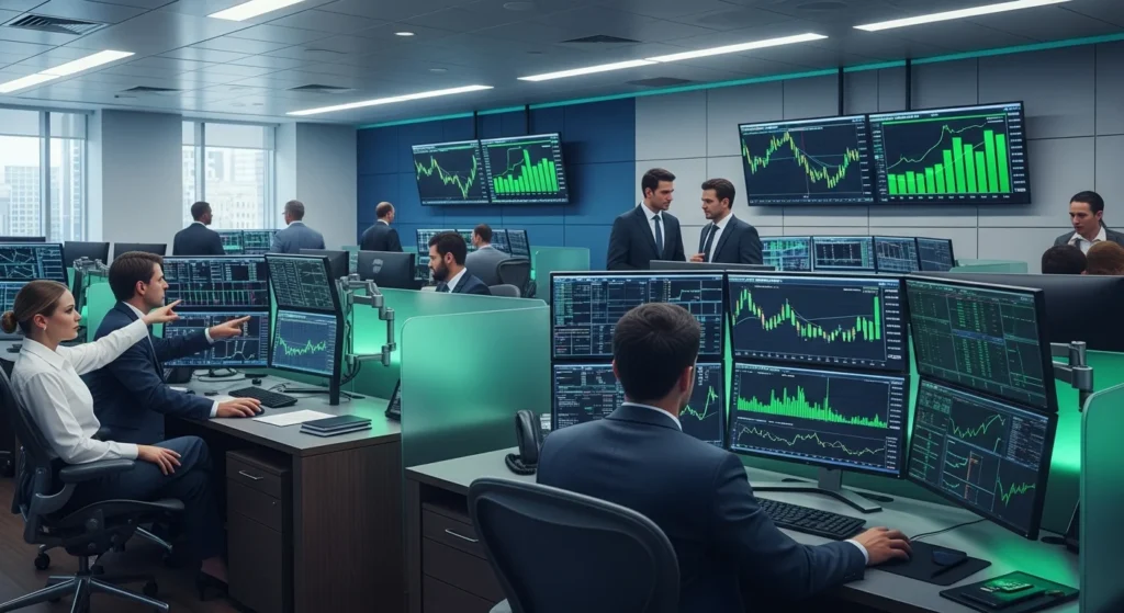 Imagem de uma sala de negociação financeira com gráficos de créditos de carbono, cores verdes, cinzas e azuis