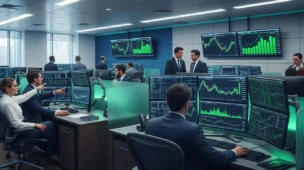 Imagem de uma sala de negociação financeira com gráficos de créditos de carbono, cores verdes, cinzas e azuis