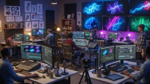Cena de estúdio de criação digital com profissionais usando computadores e equipamentos multimídia, destaque para a profissão multimídia oficializada lei.