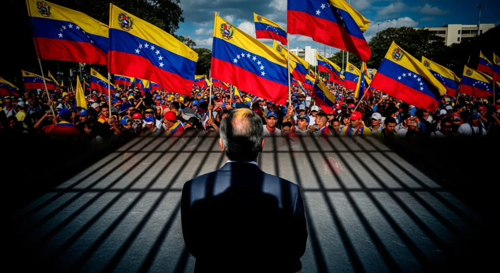 EUA mudam denúncia contra Maduro, mas acusações de narcoterrorismo e tráfico persistem: Entenda as implicações e o futuro da Venezuela. 1 Imagem mostra líder de costas durante manifestação na Venezuela, com sombra que lembra prisão e bandeiras venezuelanas ao fundo, destacando Maduro.