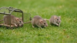 Imagem de três ratos escapando de uma gaiola antiga em um ambiente natural ao ar livre, simbolizando estudo vida fora gaiola