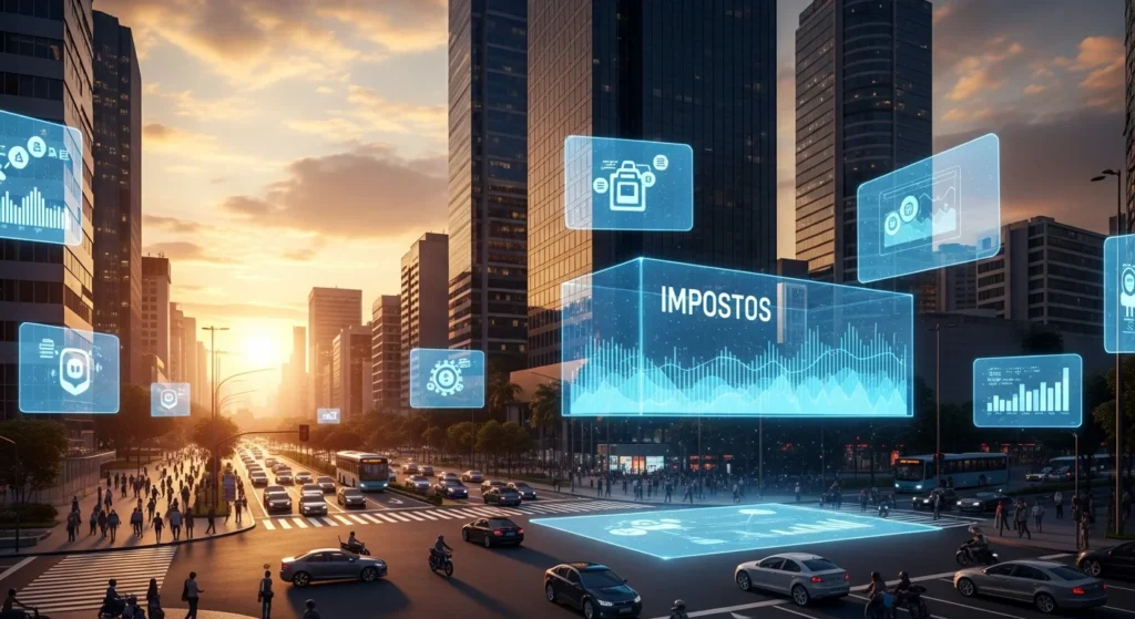 Cena de cidade brasileira moderna ao entardecer com elementos de rascunho automático, incluindo sinais digitais e veículos