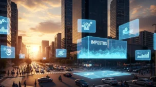 Cena de cidade brasileira moderna ao entardecer com elementos de rascunho automático, incluindo sinais digitais e veículos