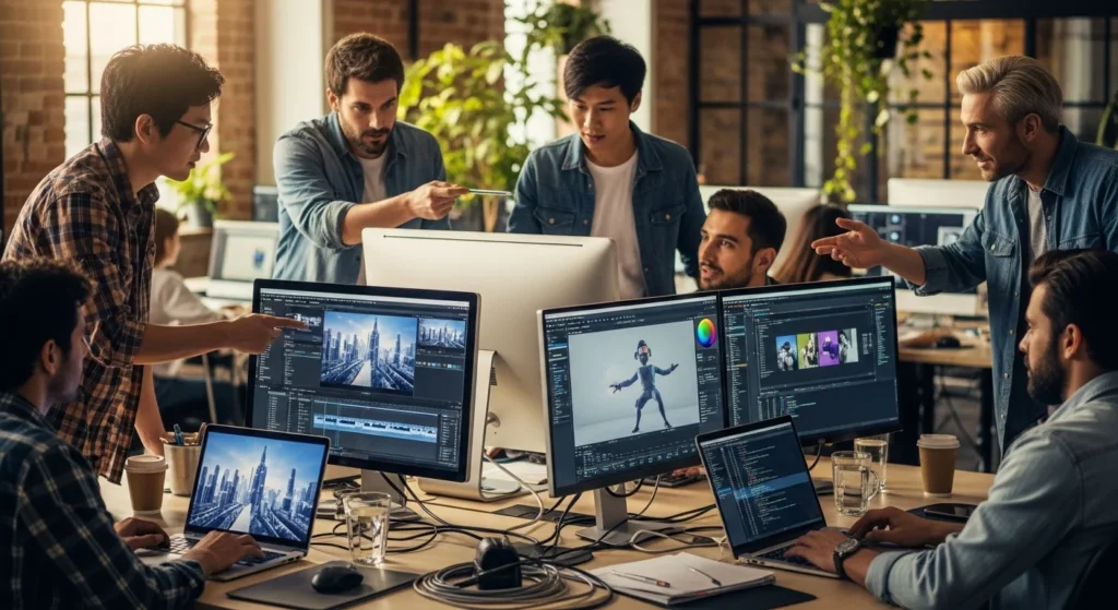 Multimídia no Brasil: A Nova Lei que Chegou para Transformar Sua Carreira e o Mercado Digital! Você Está Preparado para as Mudanças? 1 Profissionais de multimídia colaborando em escritório moderno com telas exibindo vídeos, animações e códigos.