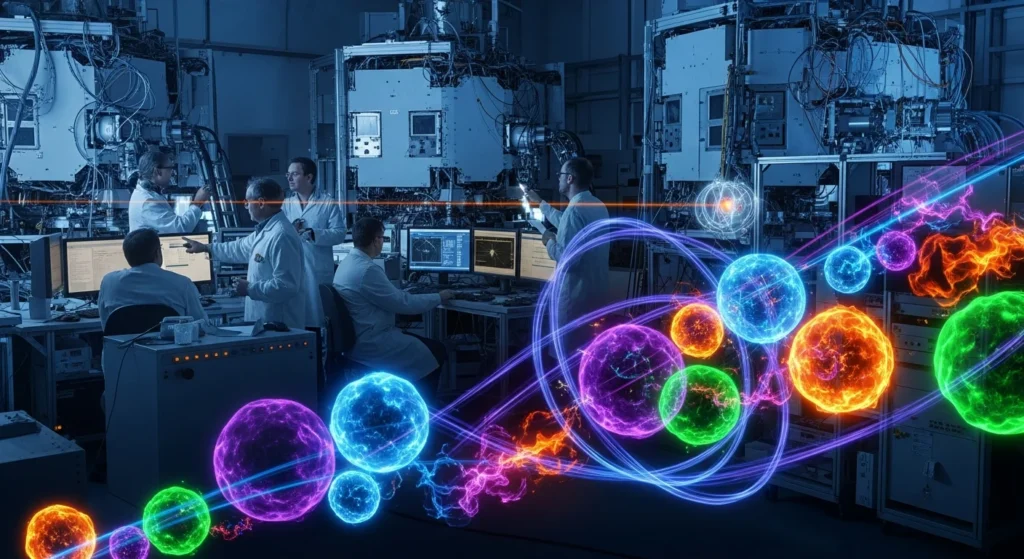 Laboratório de física com partículas invisíveis vibrantes destacando o estudo inédito de partículas fantasmas