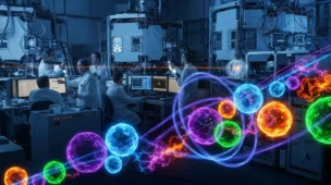 Laboratório de física com partículas invisíveis vibrantes destacando o estudo inédito de partículas fantasmas