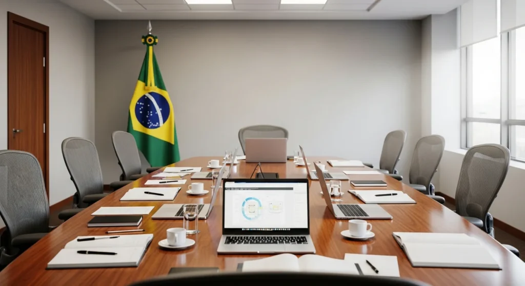 Decreto 12.807/2025: A Polêmica da Atualização Monetária da Lei de Licitações É Falsa? Desvendamos a Verdade e a Eficiência do MGI! 1 Imagem de uma sala de ministérios com mesa de reunião, documentos, computadores e bandeira do Brasil, relacionada ao decreto 12 807 2025