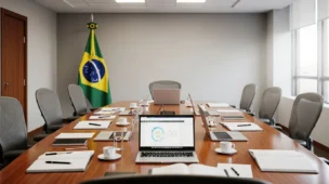 Imagem de uma sala de ministérios com mesa de reunião, documentos, computadores e bandeira do Brasil, relacionada ao decreto 12 807 2025