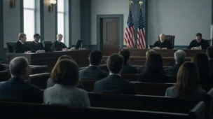 Imagem de audiência judicial nos EUA com juízes, advogados e bandeiras, refletindo a decisão de liquidação reconhecida pelo juiz