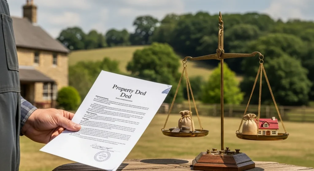 Desvende a Tributação na Venda de Imóvel Rural 2025: Guia Completo para Calcular o Ganho de Capital, Entender VTN, ITR e Garantir Suas Isenções Fiscais. 1 Imagem mostrando propriedade rural, documento de venda na mão, árvore ao fundo e balança de justiça, destaque na tributação venda imóvel rural