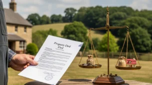 Imagem mostrando propriedade rural, documento de venda na mão, árvore ao fundo e balança de justiça, destaque na tributação venda imóvel rural