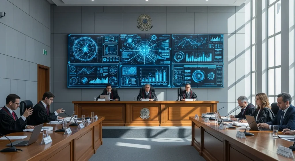 Inteligência Artificial no Judiciário brasileiro: A revolução da eficiência ou o risco da injustiça? Entenda a urgência da transparência e avaliação. 1 Cena de um tribunal moderno brasileiro com telas digitais mostrando códigos e gráficos de IA, destacando sistemas ia revolucionam judiciário