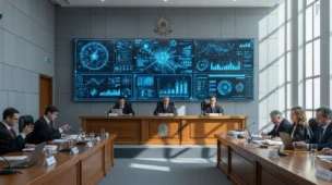 Cena de um tribunal moderno brasileiro com telas digitais mostrando códigos e gráficos de IA, destacando sistemas ia revolucionam judiciário