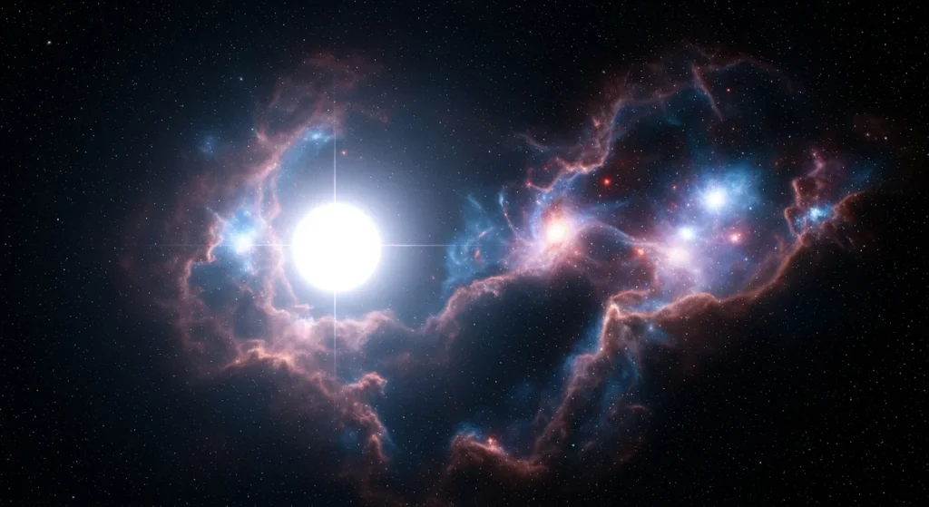Poeira de Estrelas: Novo Estudo da Chalmers Desafia Carl Sagan e Revela Mistérios Chocantes Sobre a Origem da Vida na Terra! 1 Imagem de uma estrela gigante no espaço escuro com poeira estrelas novo estudo dispersa ao seu redor