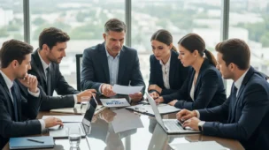 Revisão contrato social que mostra empresários em reunião analisando documentos e contratos na sala moderna
