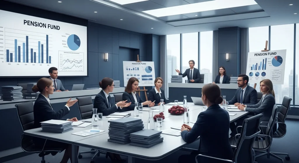 Cena de reunião com elementos legais e financeiros, destacando rascunho automático de fundos de previdência