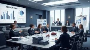 Cena de reunião com elementos legais e financeiros, destacando rascunho automático de fundos de previdência