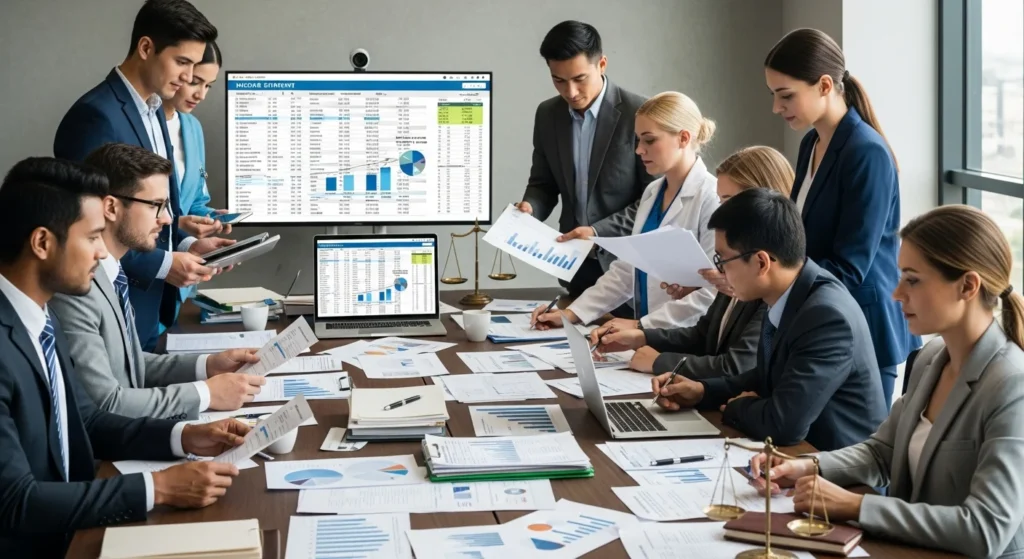 Guia Essencial: Reduções de IBS e CBS em 2026! Desvende o poder do CST e cClassTrib para sua empresa economizar impostos. 1 Profissionais reunidos analisando documentos fiscais relacionados a IBS CBS reduções 30% em ambiente de escritório