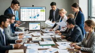 Profissionais reunidos analisando documentos fiscais relacionados a IBS CBS reduções 30% em ambiente de escritório