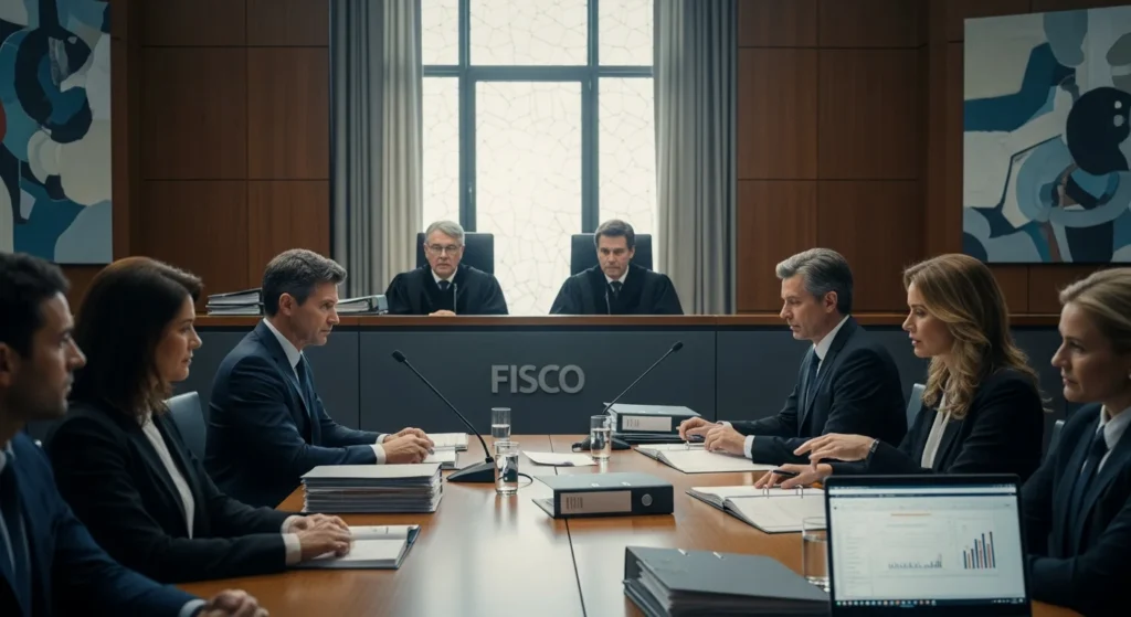 Cena de audiência administrativa com juízes e fiscais, simbolizando contencioso tributário do PLP 108