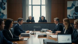 Cena de audiência administrativa com juízes e fiscais, simbolizando contencioso tributário do PLP 108