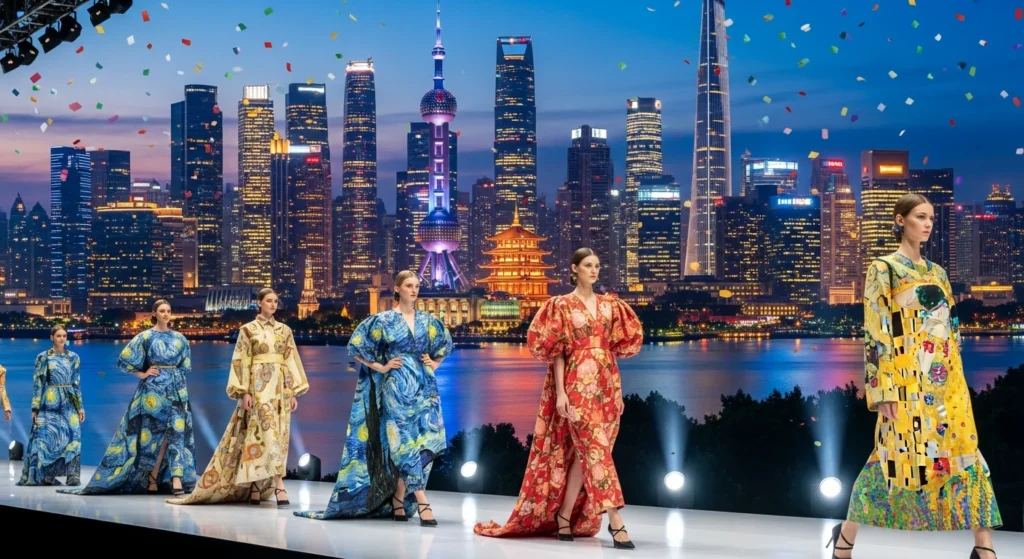 Fashion Law: Domínio Público como Estratégia para Marcas de Moda no Brasil e no Mundo 1 Passarela de moda internacional com modelos e cidade global, destacando mercado global fashion law