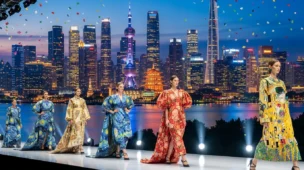 Passarela de moda internacional com modelos e cidade global, destacando mercado global fashion law