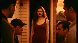 Cena da polêmica imagem de uma jovem mulher na porta de casa enquanto homens a observam furtivamente, com clima nostálgico e desconfortável