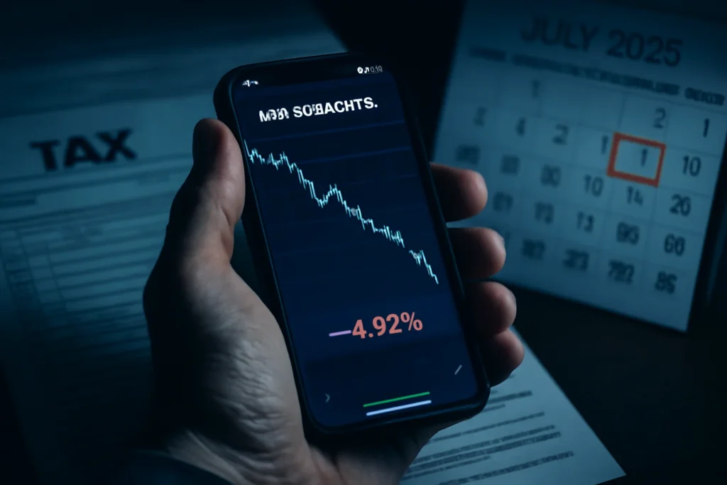 Mão de investidor segurando smartphone com gráfico de criptomoedas em queda, fundo com declaração de impostos e calendário de 2026