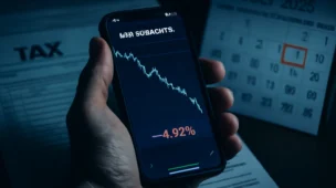 Mão de investidor segurando smartphone com gráfico de criptomoedas em queda, fundo com declaração de impostos e calendário de 2026