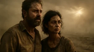 Casal inspirado em Gerard Butler morena Baccarin, exaustos e sujos, olham para horizonte devastado com tensão e esperança