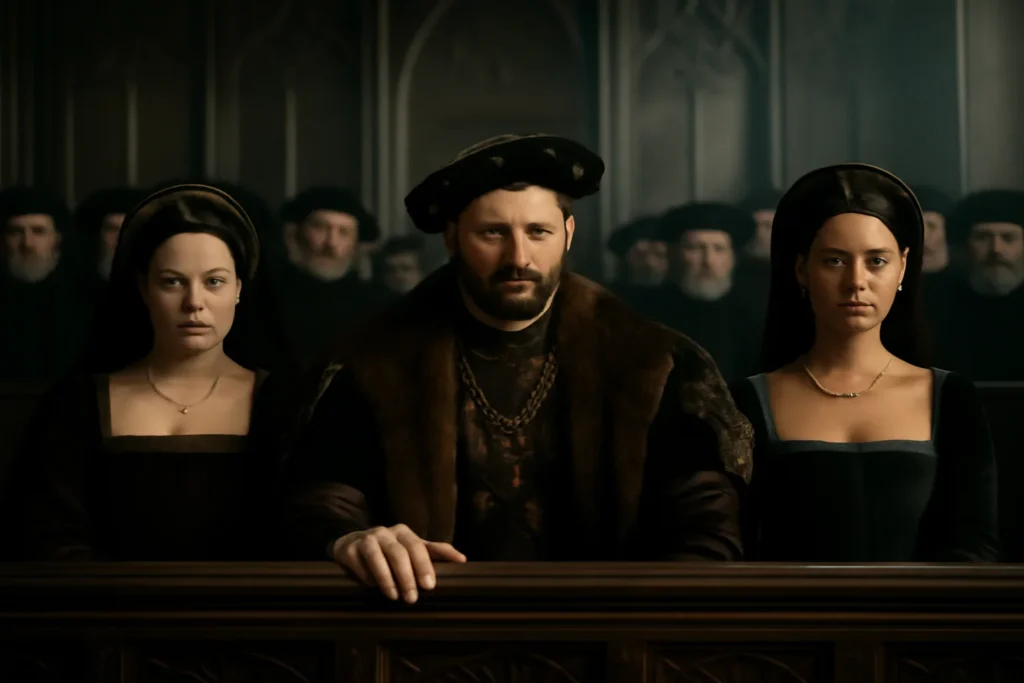 Cena de época com Eric Bana, Scarlett Johansson e Natalie Portman em tribunal real britânico